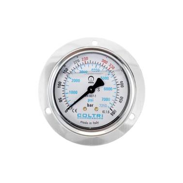 Manomètre axial 0-500 bar D63mm à glycérine fixation collerette COLTRI